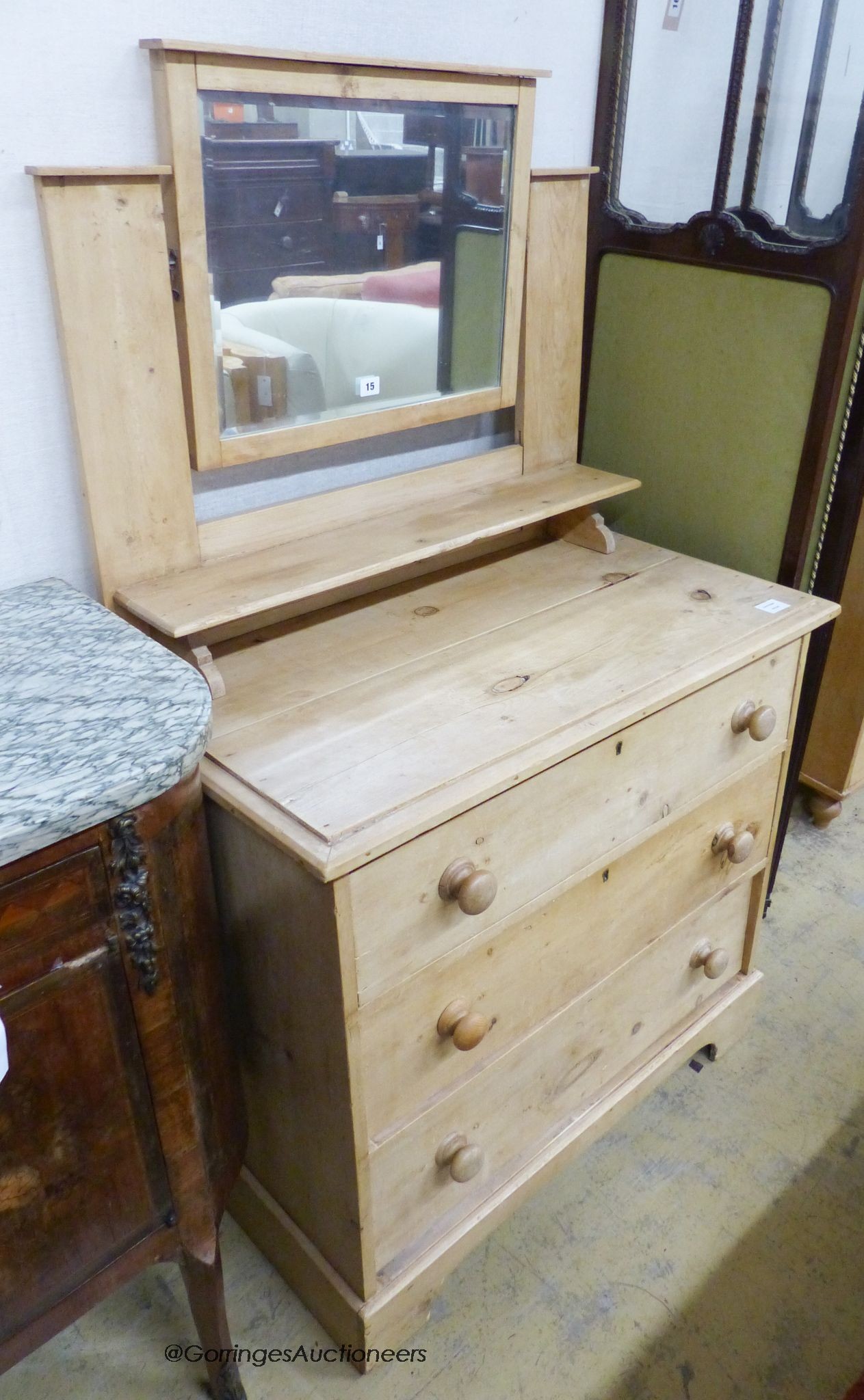 A Victorian pine dressing chest with mirror, width 88cm, depth 49cm, height 146cm